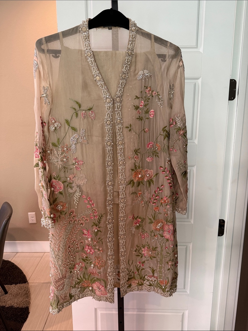 Elan Beige Sheer Embroidered Long Sleeve Overlay Dress with Pink & Green Floral